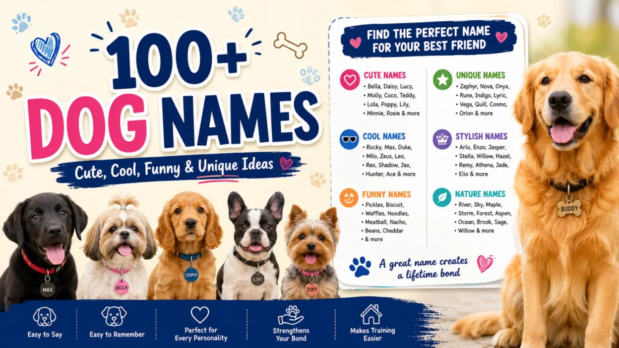 100+ dog names infographic featuring cute puppies and popular name ideas for male, female, funny, cool, and unique dogs.