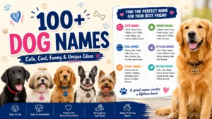 100+ dog names infographic featuring cute puppies and popular name ideas for male, female, funny, cool, and unique dogs.