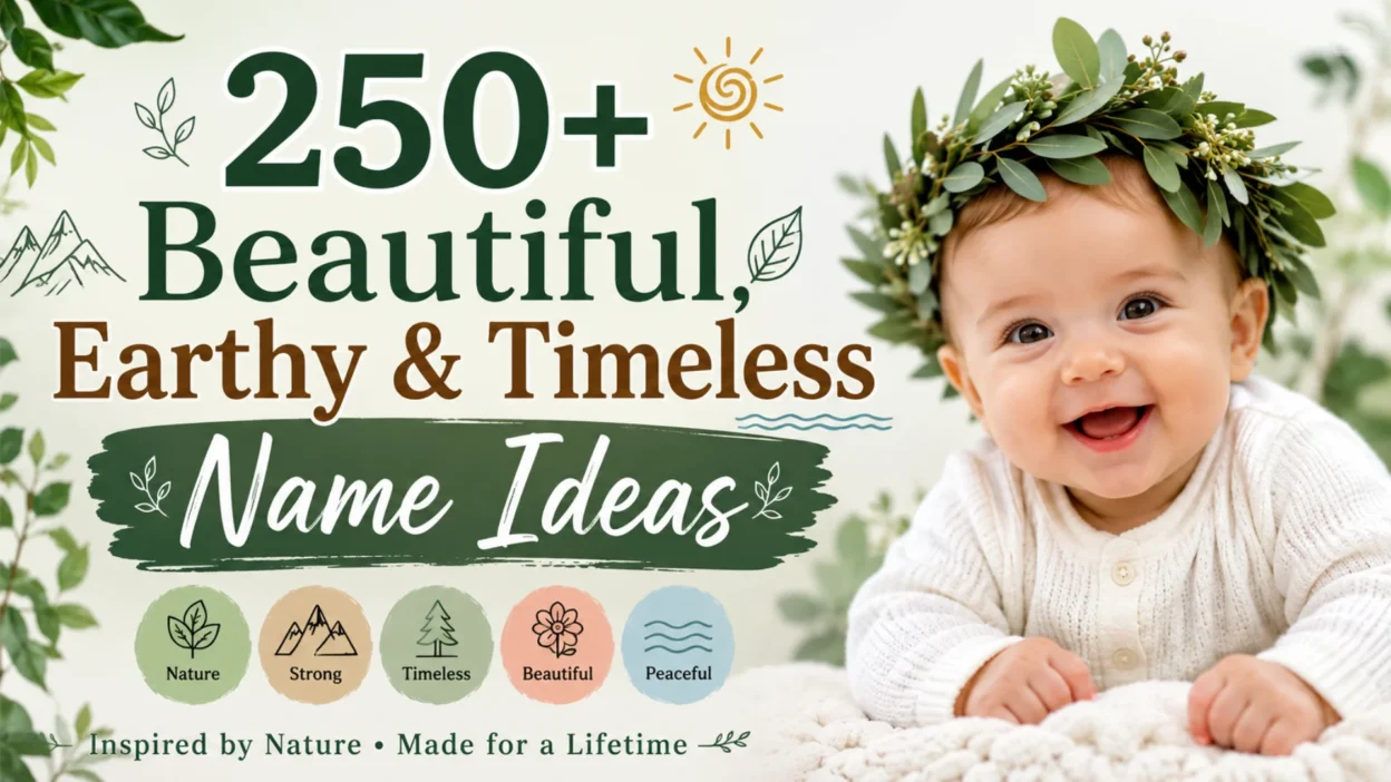 Smiling baby with a leafy crown promoting 250+ beautiful, earthy and timeless nature baby names in a botanical theme.