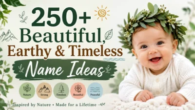 Smiling baby with a leafy crown promoting 250+ beautiful, earthy and timeless nature baby names in a botanical theme.