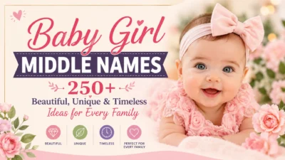 Smiling baby girl with pink bow promoting 250+ beautiful, unique, and timeless baby girl middle names for every family.