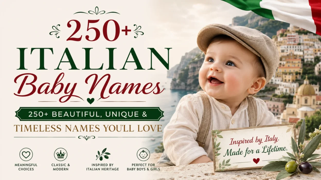 Cute baby with an Italian backdrop promoting 250+ beautiful, unique, and timeless Italian baby names for boys and girls.