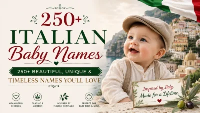 Cute baby with an Italian backdrop promoting 250+ beautiful, unique, and timeless Italian baby names for boys and girls.