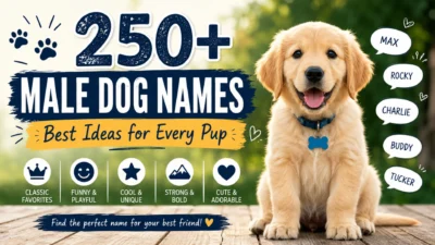 Male dog names collection featuring an adorable puppy with popular naming ideas for new pet owners