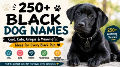 Black Labrador puppy with bold text showcasing 250+ black dog names, including cool, cute, unique, and meaningful ideas.