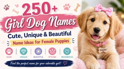 Cute female Golden Retriever puppy with a pink bow promoting 250+ girl dog names, including cute, unique, and beautiful ideas.