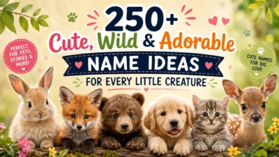 Cute baby animal names banner featuring a bunny, fox, bear cub, puppy, kitten, and fawn with 250+ adorable name ideas