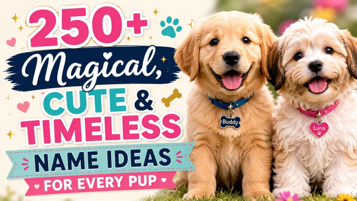 250+ magical, cute, and timeless dog name ideas hero image featuring two adorable puppies sitting together in a colorful garden.