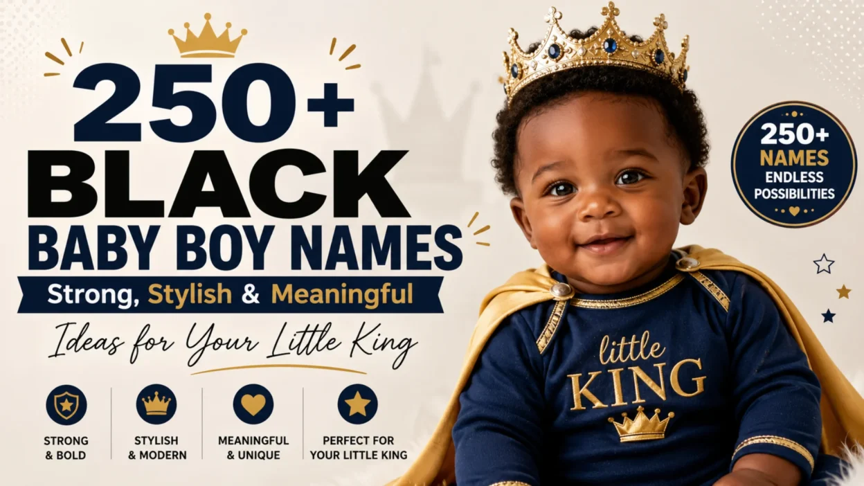 Smiling baby boy wearing a golden crown with text highlighting 250+ strong, stylish, and meaningful black baby boy names.