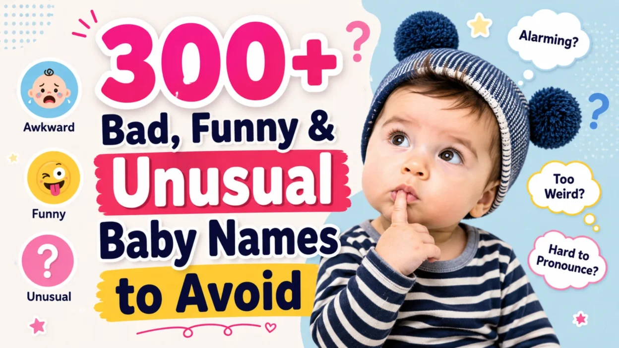 Thoughtful baby beside bold text promoting 300+ bad, funny, and unusual baby names to avoid for parents.