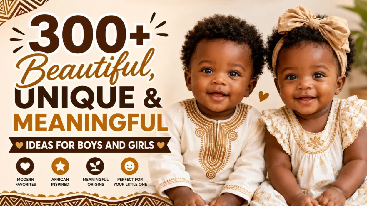 Black baby names guide featuring two smiling babies and 300+ beautiful, unique, and meaningful ideas for boys and girls.