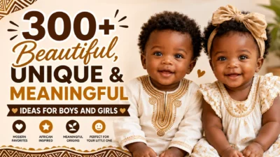 Black baby names guide featuring two smiling babies and 300+ beautiful, unique, and meaningful ideas for boys and girls.