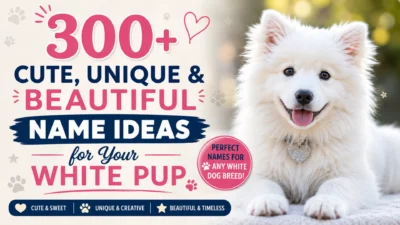 300+ white dog names guide featuring a fluffy white puppy with cute, unique, and beautiful name ideas