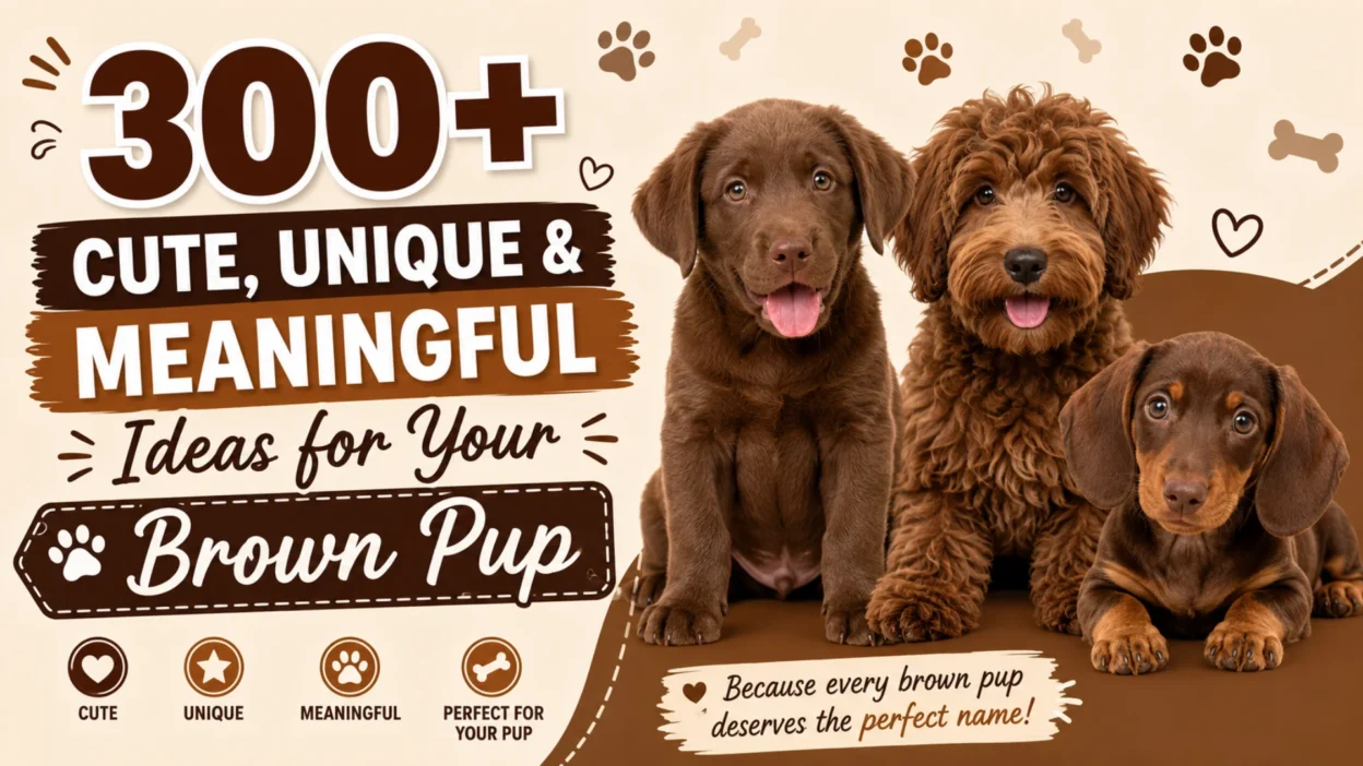Three adorable brown puppies promoting 300+ cute, unique, and meaningful brown dog names for new puppy owners.