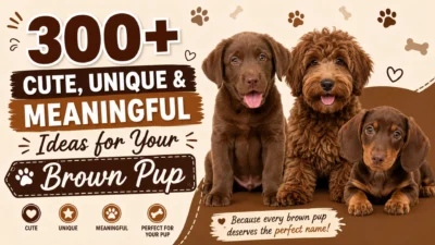 Three adorable brown puppies promoting 300+ cute, unique, and meaningful brown dog names for new puppy owners.