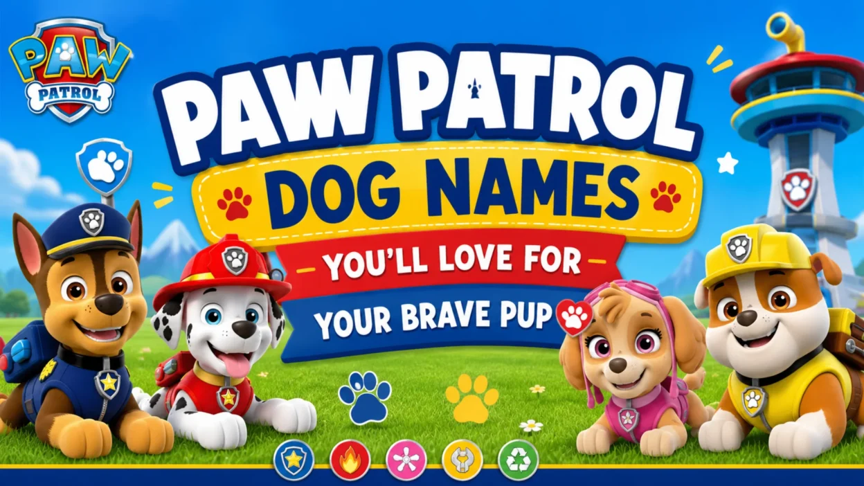 Paw Patrol-inspired cartoon puppies with colorful badges and the title "Paw Patrol Dog Names You'll Love for Your Brave Pup"