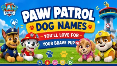 Paw Patrol-inspired cartoon puppies with colorful badges and the title "Paw Patrol Dog Names You'll Love for Your Brave Pup"