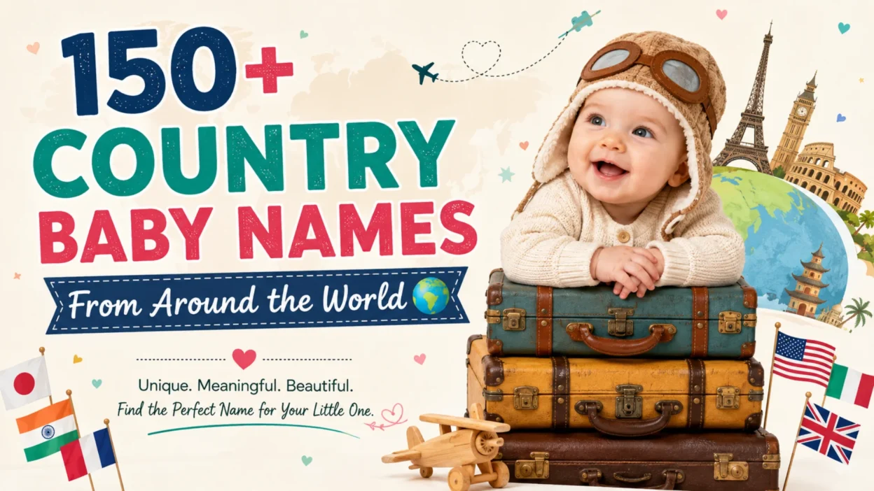150+ country baby names from around the world with a cute baby and travel-themed design