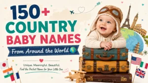 150+ country baby names from around the world with a cute baby and travel-themed design