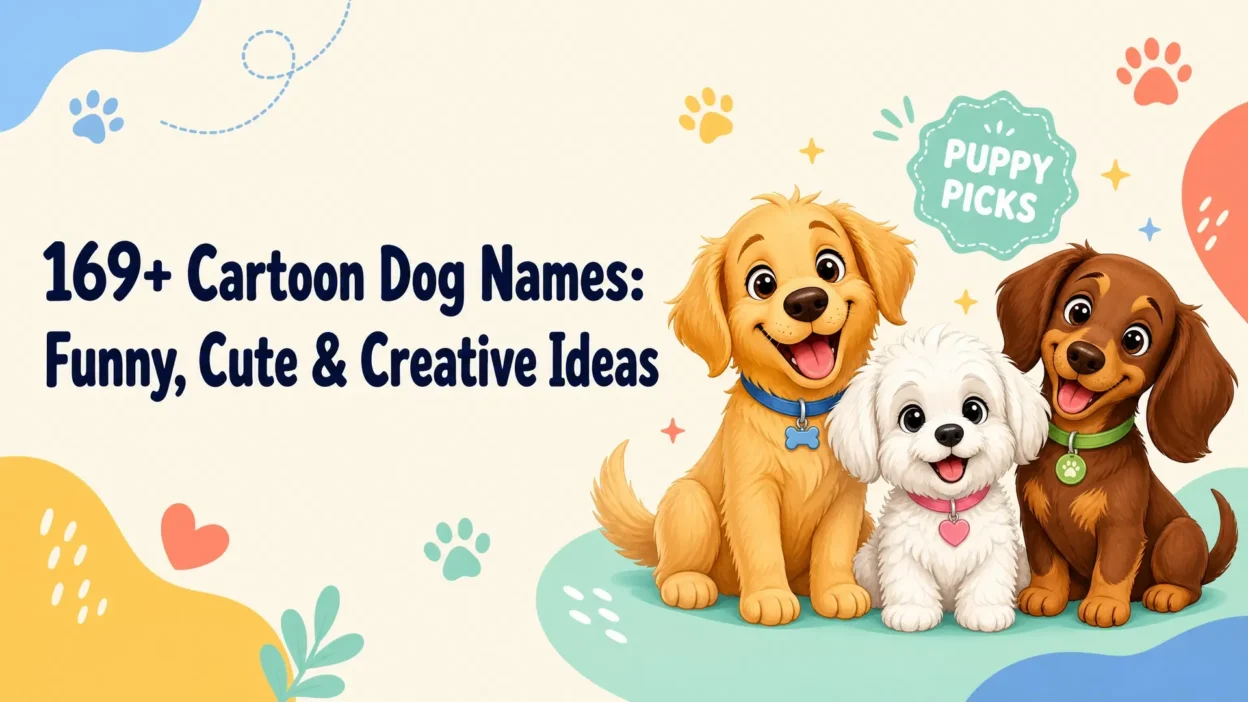 Three cheerful cartoon dogs—a golden puppy, a fluffy white dog, and a brown floppy-eared dog—beside the headline “169+ Cartoon Dog Names: Funny, Cute & Creative Ideas.”