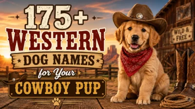 175+ Western dog names for a cowboy pup with a golden retriever wearing a cowboy hat