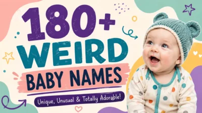 Cute baby with colorful design promoting 180+ weird baby names, featuring unique and unusual baby name ideas.