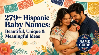 A smiling Hispanic family holding a sleeping baby beside the headline “279+ Hispanic Baby Names: Beautiful, Unique & Meaningful Ideas,” with colorful papel picado decorations and flowers.