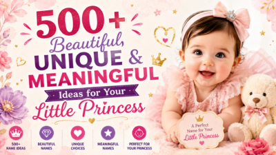 Baby girl with teddy bear featured in a guide to 500+ beautiful, unique, and meaningful baby girl names.