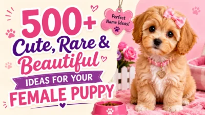 Cute female puppy with a pink bow featured in a colorful graphic about 500+ cute, rare, and beautiful female puppy name ideas.