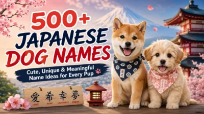 Cute Japanese puppies with Mount Fuji and cherry blossoms promoting 500+ Japanese dog names for every pup.