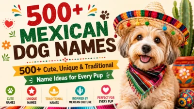 Cute dog wearing a sombrero showcasing 500+ Mexican dog names with unique, traditional, and fun naming ideas.