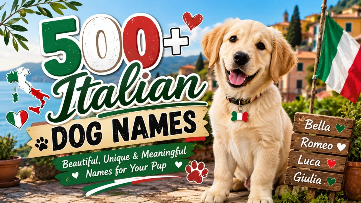 A happy Golden Retriever puppy wearing an Italian flag tag sits in front of a scenic Italian village with the text "500+ Italian Dog Names" and colorful Italian-themed graphics.