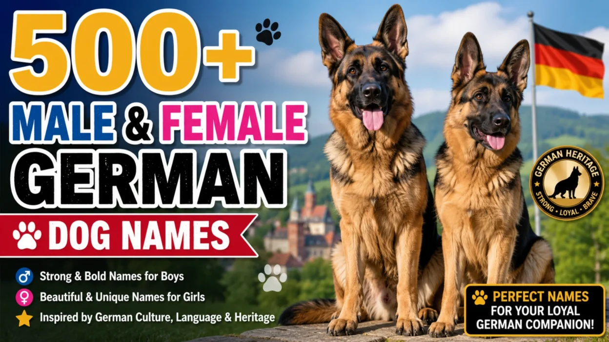 500+ Male & Female German Dog Names featuring two German Shepherd dogs with a Germany flag and colorful title banner.
