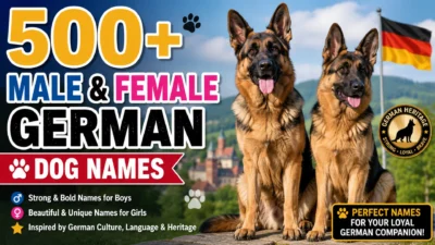 500+ Male & Female German Dog Names featuring two German Shepherd dogs with a Germany flag and colorful title banner.