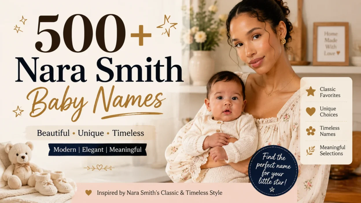 A warm-toned featured image showing a stylish mother holding her baby beside the title "500+ Nara Smith Baby Names" with elegant baby-themed graphics and a cozy home background.