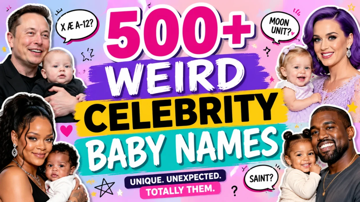 Colorful banner featuring the headline "500+ Weird Celebrity Baby Names" with illustrated celebrity parents and babies, highlighting unique and unusual baby name trends.