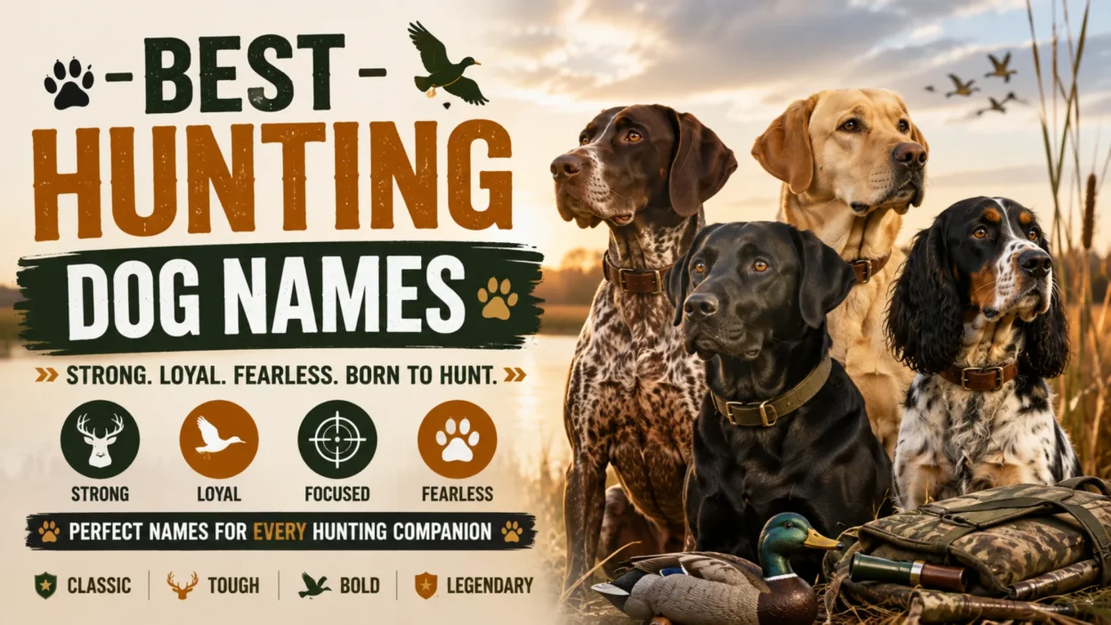 Best Hunting Dog Names featured image showing several hunting dog breeds in an outdoor field with bold typography and hunting-themed graphics.