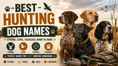 Best Hunting Dog Names featured image showing several hunting dog breeds in an outdoor field with bold typography and hunting-themed graphics.