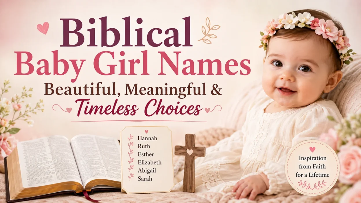 Biblical baby girl names with a beautiful baby girl, Bible, and faith-inspired name ideas