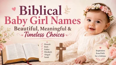 Biblical baby girl names with a beautiful baby girl, Bible, and faith-inspired name ideas