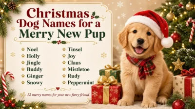 Cute golden retriever puppy wearing a Santa hat and plaid scarf beside Christmas presents and a decorated tree, with a festive list of Christmas dog names including Noel, Holly, Jingle, Buddy, Ginger, Snowy, Tinsel, Joy, Claus, Mistletoe, Rudy, and Peppermint.