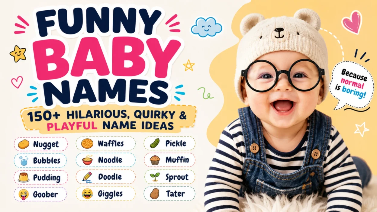 Funny baby names with playful ideas like Nugget, Waffles, Pickle, Bubbles, and Noodle