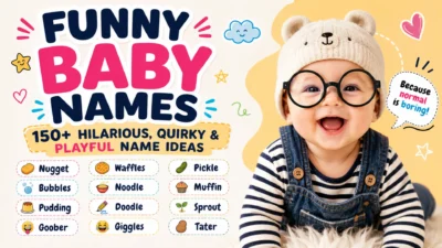 Funny baby names with playful ideas like Nugget, Waffles, Pickle, Bubbles, and Noodle
