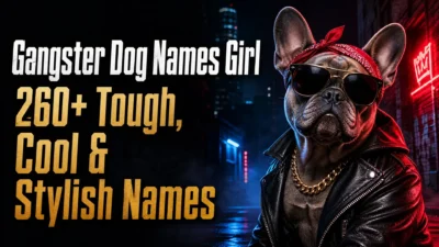 Stylish female French bulldog wearing sunglasses, a red bandana, leather jacket, and gold chain beside the title “Gangster Dog Names Girl: 260+ Tough, Cool & Stylish Names.”