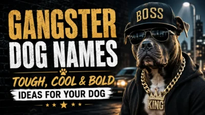Gangster dog wearing a boss cap, sunglasses, gold chain, and crown pendant in a city setting