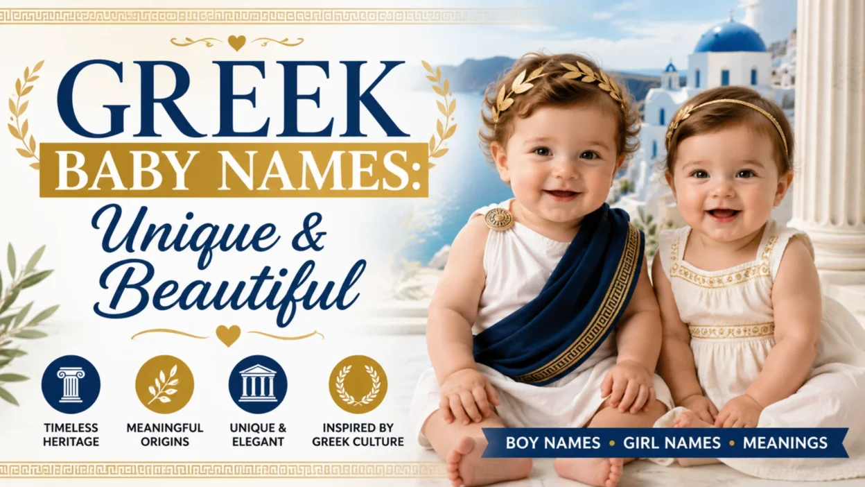 Greek baby names featuring a smiling baby boy and girl in traditional Greek-inspired outfits with a Santorini background.