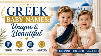 Greek baby names featuring a smiling baby boy and girl in traditional Greek-inspired outfits with a Santorini background.