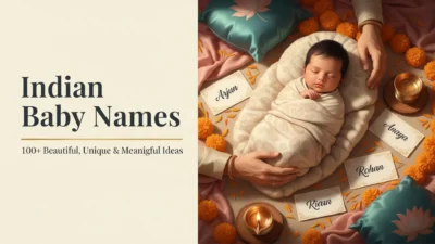 Sleeping Indian baby wrapped in a cream blanket, surrounded by marigold flowers, traditional textiles, a diya, and baby-name cards, beside the text “Indian Baby Names: 100+ Beautiful, Unique & Meaningful Ideas.”