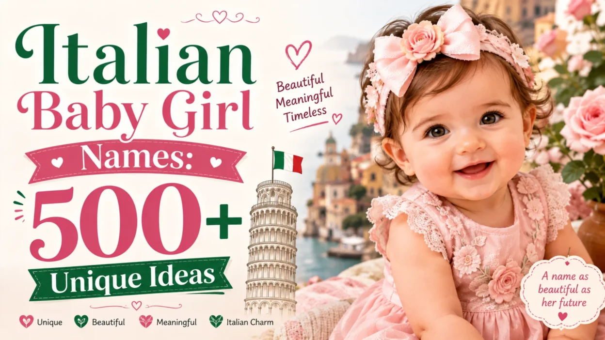 Smiling baby girl with Italian-inspired background featured in a graphic showcasing 500+ unique Italian baby girl names.