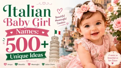 Smiling baby girl with Italian-inspired background featured in a graphic showcasing 500+ unique Italian baby girl names.